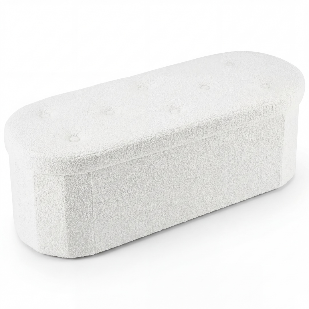 43-inch Boucle Storage Bench — Oval Tufted Ottoman with Hidden Storage