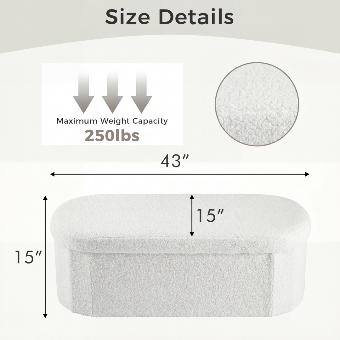 43-inch Boucle Storage Bench — Oval Tufted Ottoman with Hidden Storage, view 3