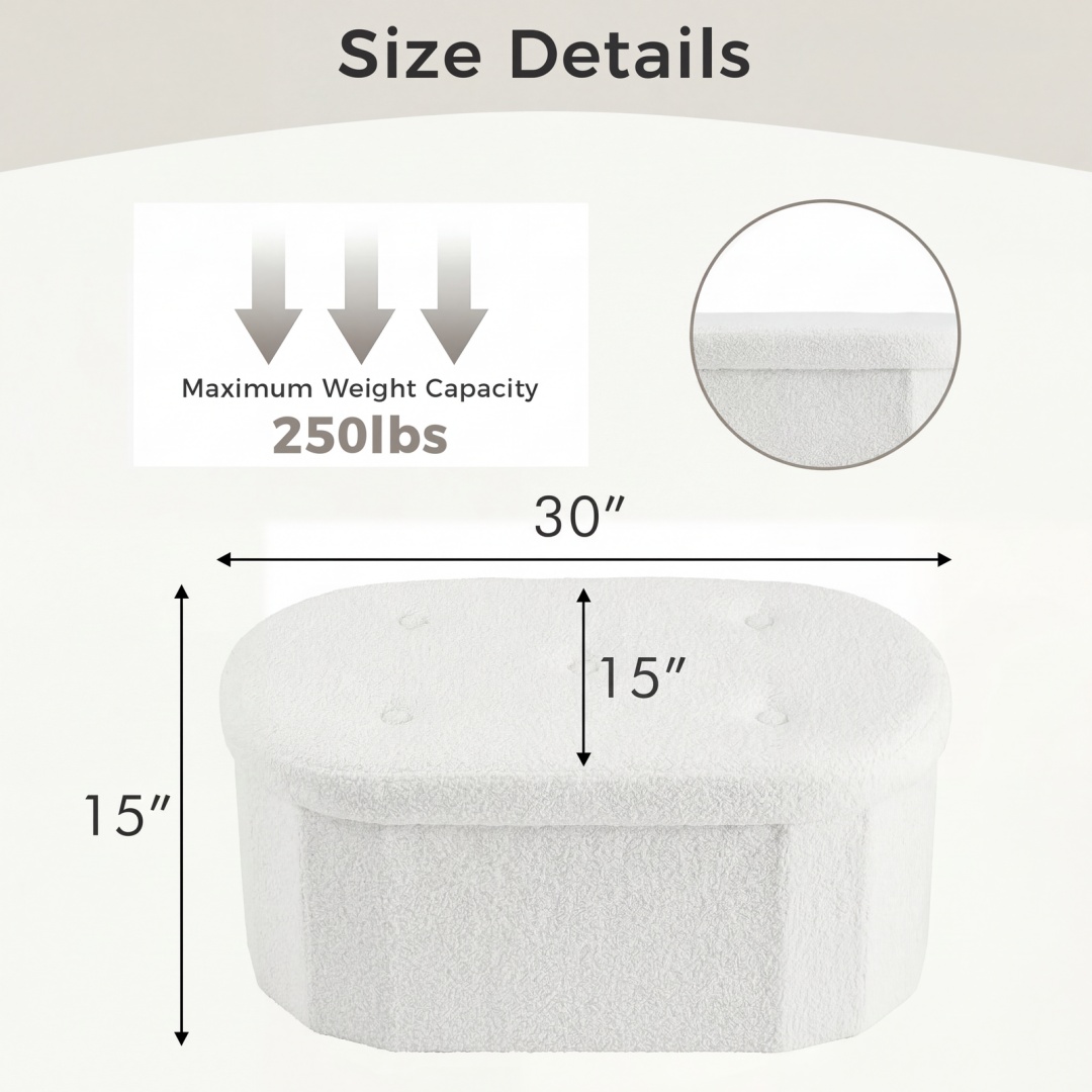 43-inch Boucle Storage Bench — Oval Tufted Ottoman with Hidden Storage, view 4