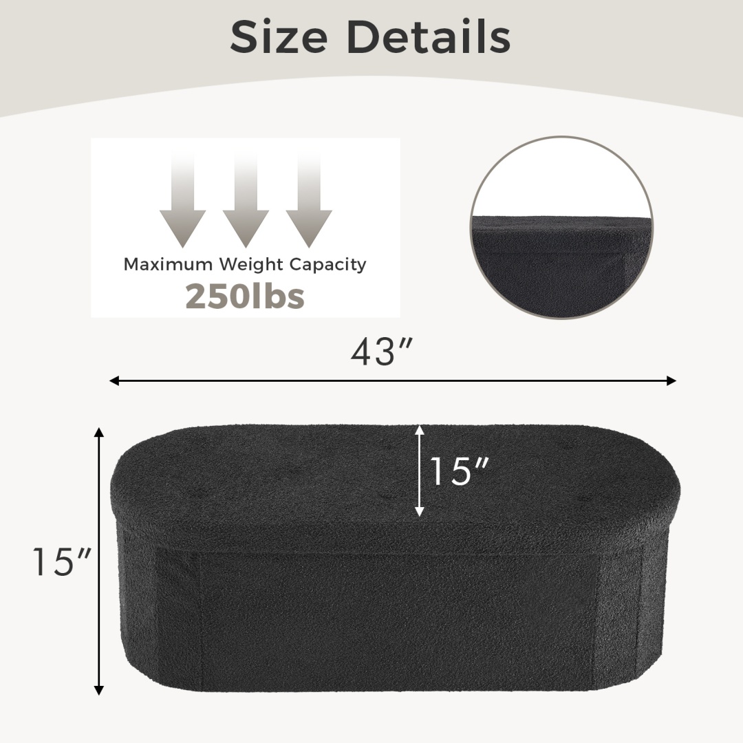 43-inch Boucle Storage Bench — Oval Tufted Ottoman with Hidden Storage, view 5