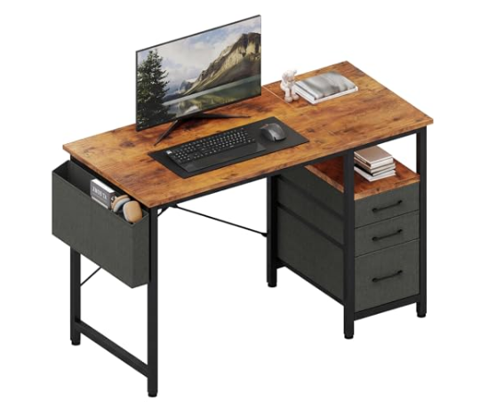 40-Inch Computer Desk With 3 Fabric Drawers, Shelf & Side Bag — Rustic Brown