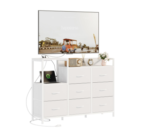 White 8-Drawer TV Stand With Charging Station, Fits 45" TVs