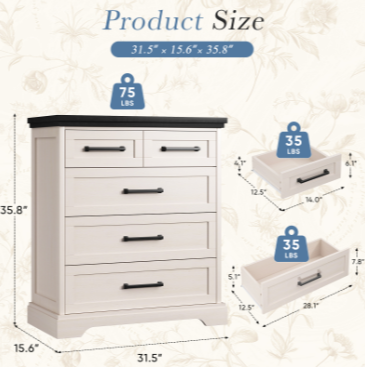 White Farmhouse 5-Drawer Chest with Black Top — Anti-Tip Bedroom Dresser, view 2