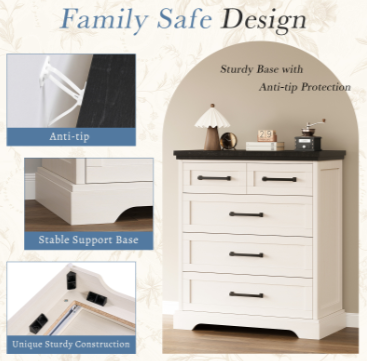 White Farmhouse 5-Drawer Chest with Black Top — Anti-Tip Bedroom Dresser, view 3