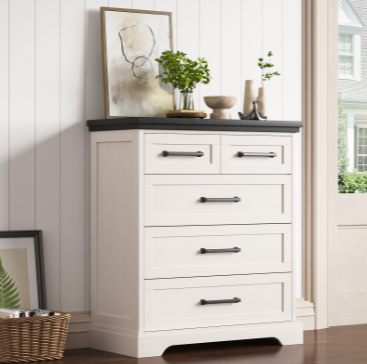 White Farmhouse 5-Drawer Chest with Black Top — Anti-Tip Bedroom Dresser