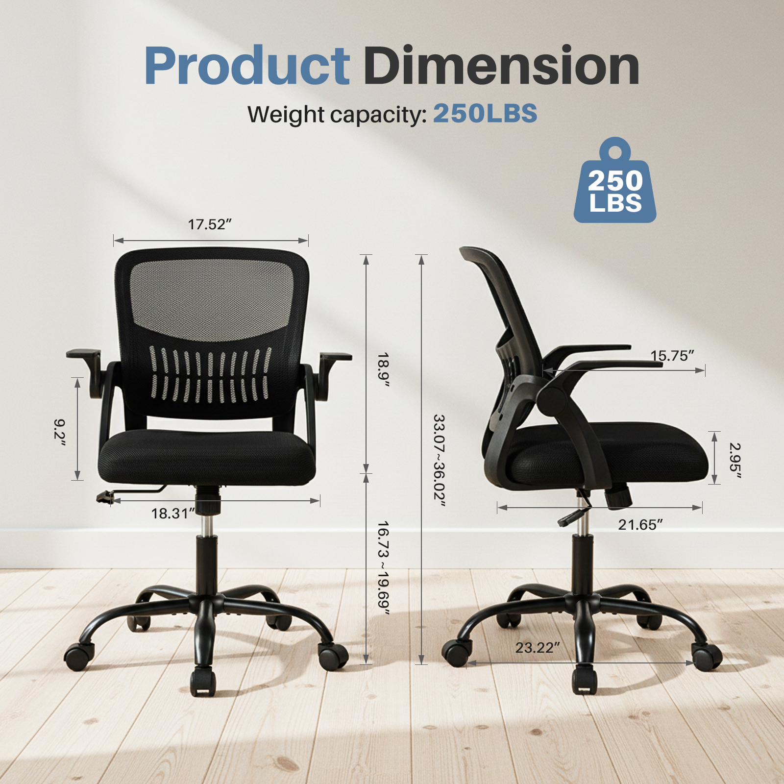 Mesh Office Chair with Flip-Up Armrests & Adjustable Height, view 4