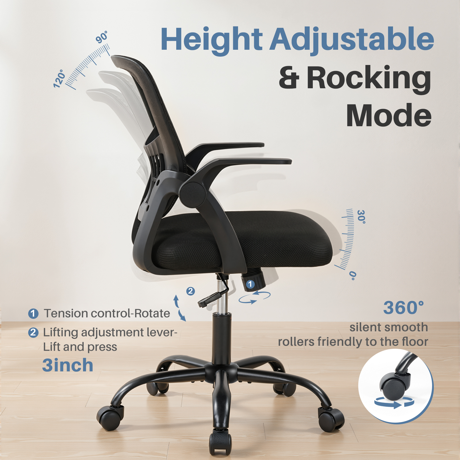 Mesh Office Chair with Flip-Up Armrests & Adjustable Height, view 8