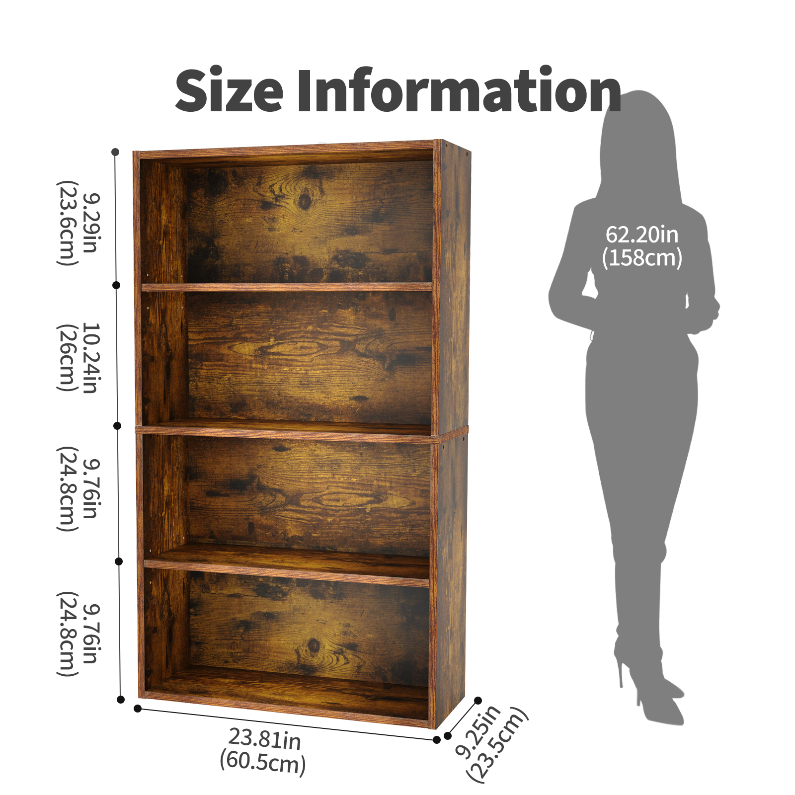 Slim 9-Inch Deep Open Bookcase, 3-Tier or 4-Tier Wood-Grain Shelf, view 3