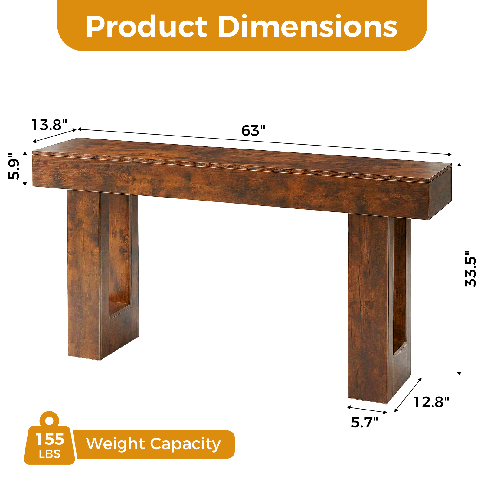 63-Inch Narrow Console Table With Chunky Block-Leg Design, view 4