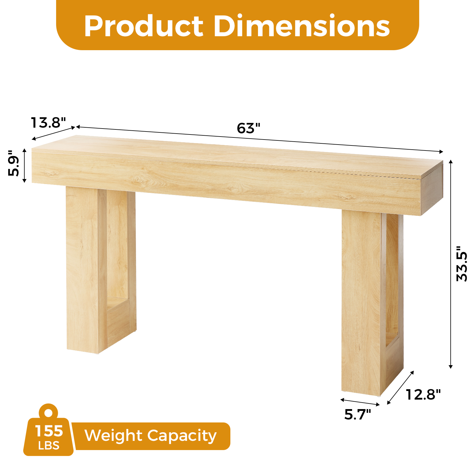 63-Inch Narrow Console Table With Chunky Block-Leg Design, view 6