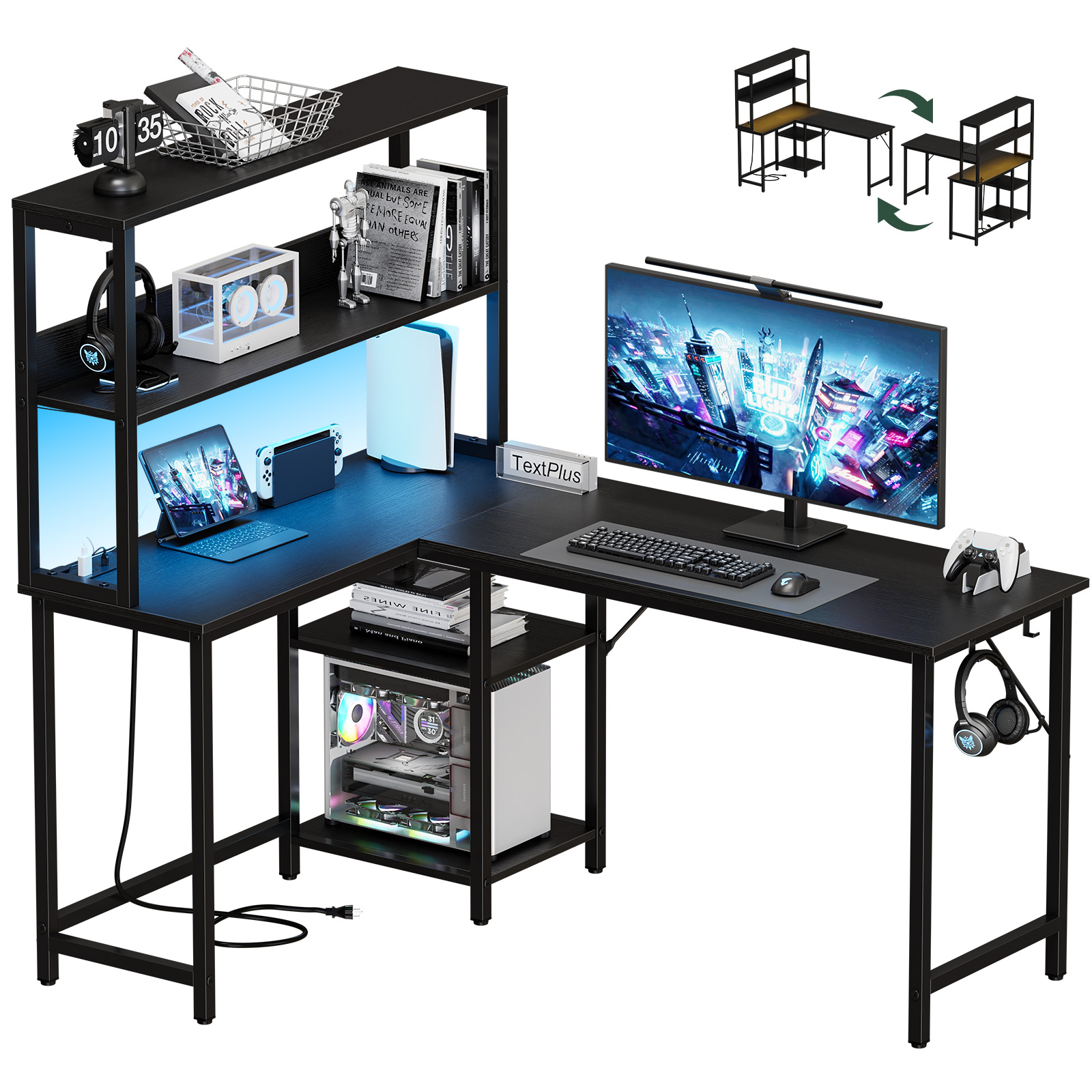 L-Shaped Gaming Desk With Built-In Power Strip, LED Hutch & Hooks
