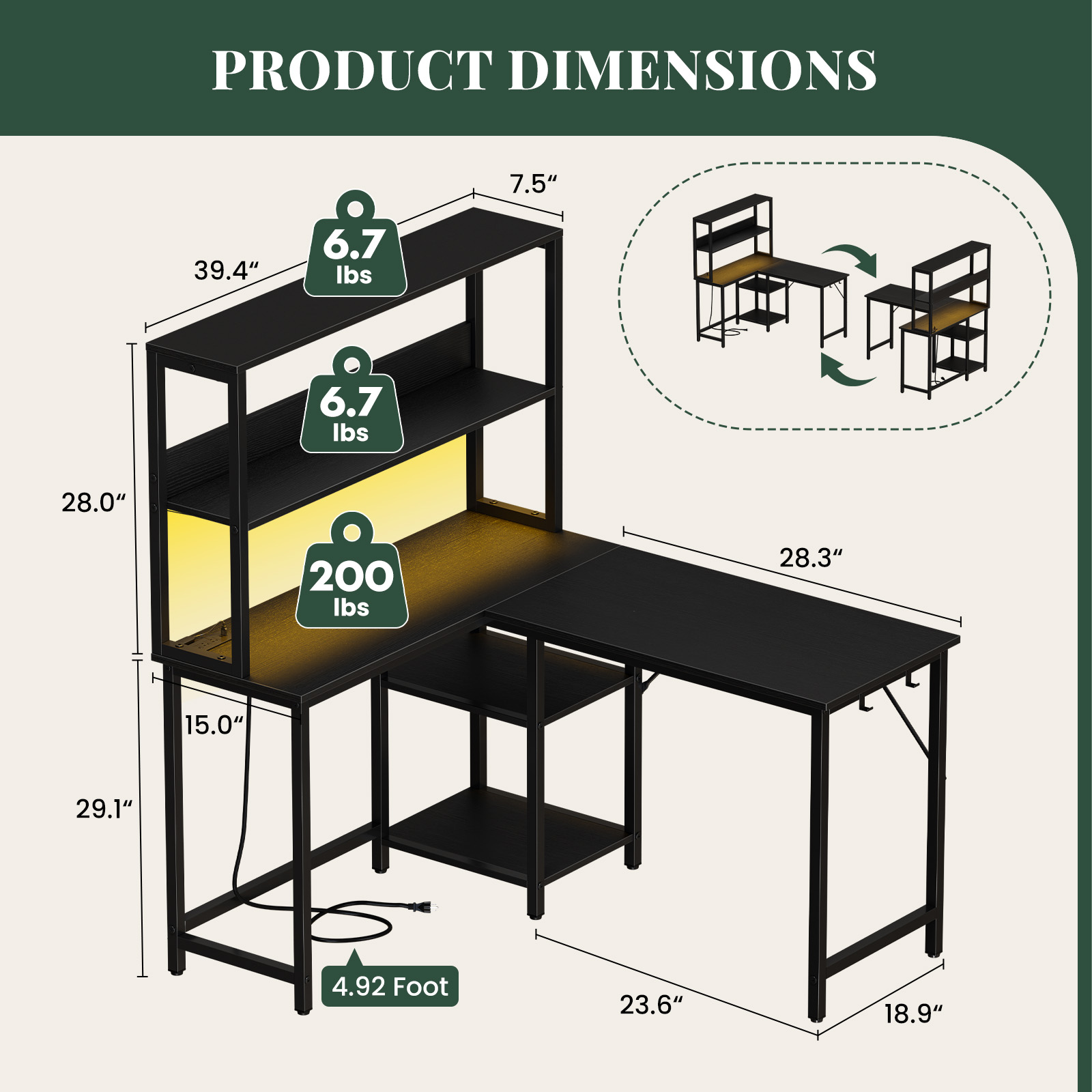 L-Shaped Gaming Desk With Built-In Power Strip, LED Hutch & Hooks, view 2