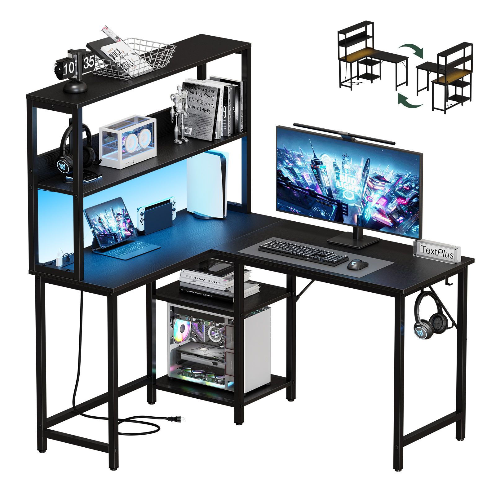 L-Shaped Gaming Desk With Built-In Power Strip, LED Hutch & Hooks, view 3