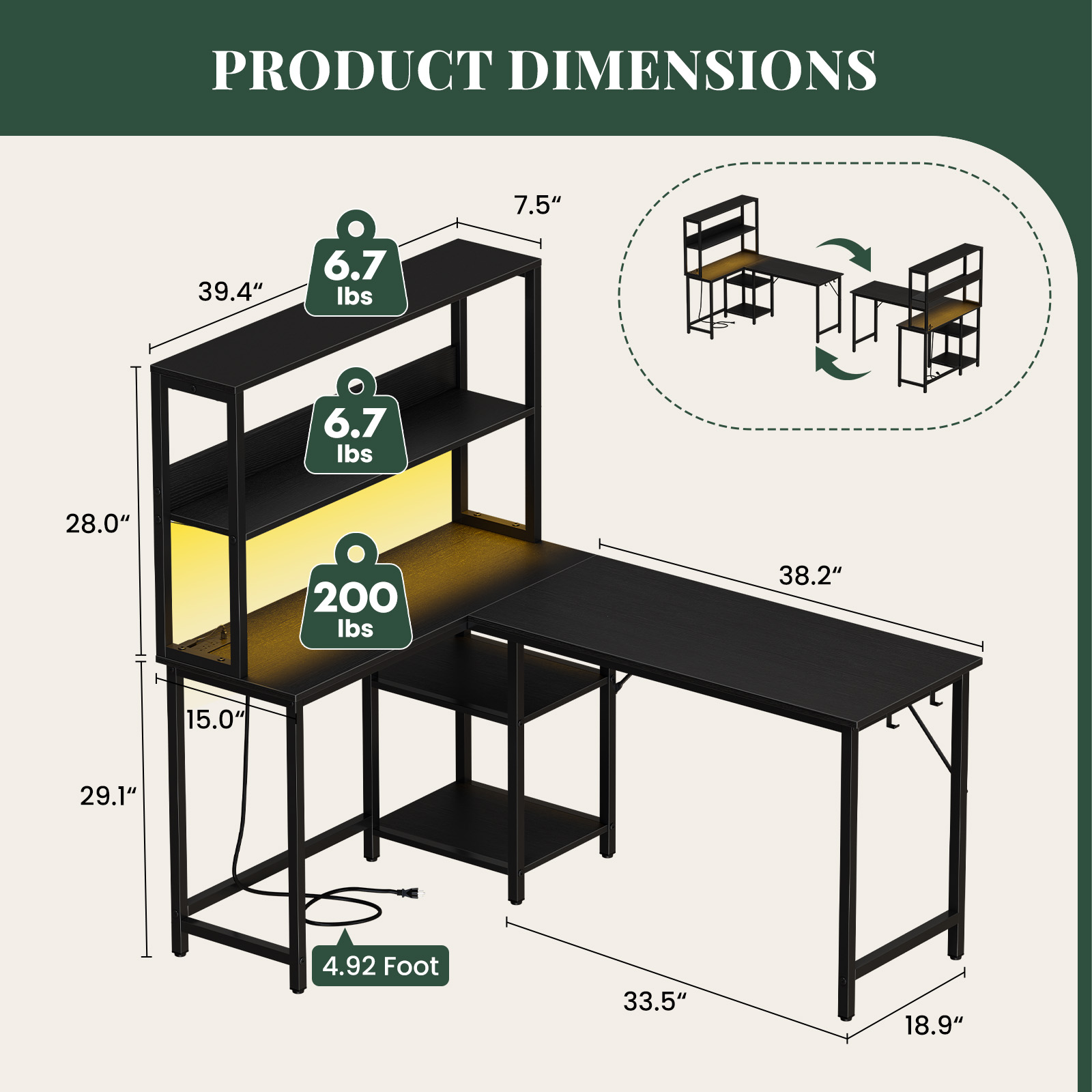 L-Shaped Gaming Desk With Built-In Power Strip, LED Hutch & Hooks, view 4