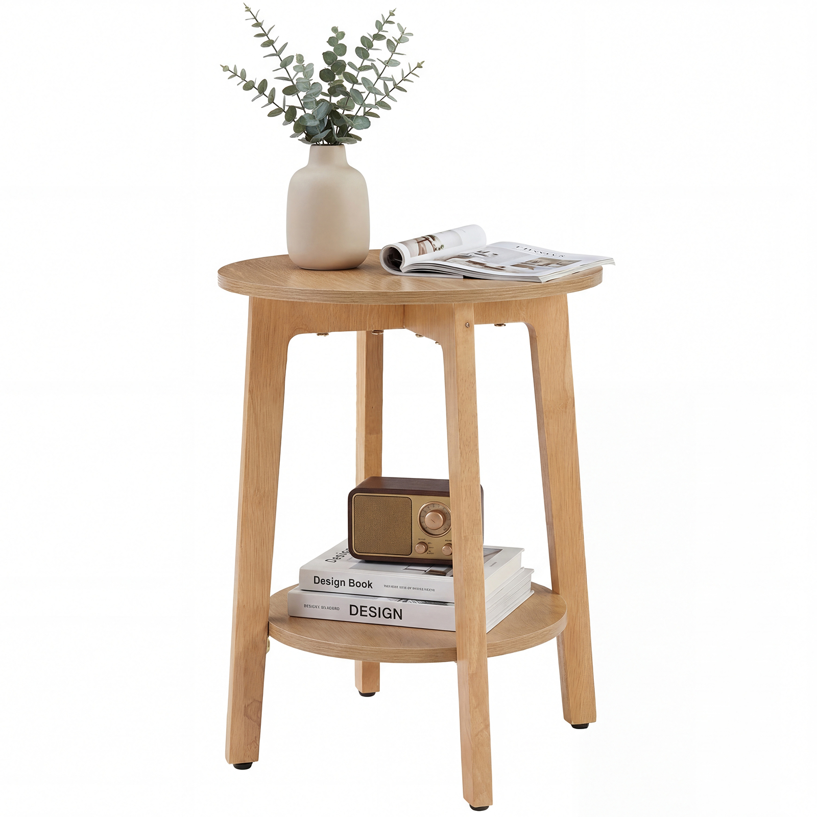Round 2-Tier Wood Side Table, 15.8" End Table With Storage Shelf