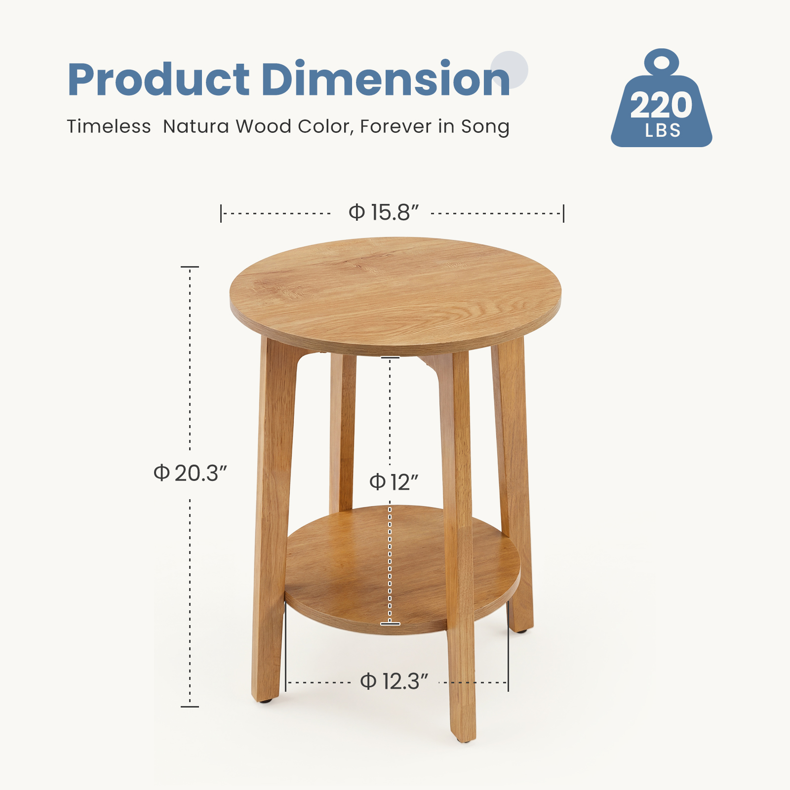 Round 2-Tier Wood Side Table, 15.8" End Table With Storage Shelf, view 3
