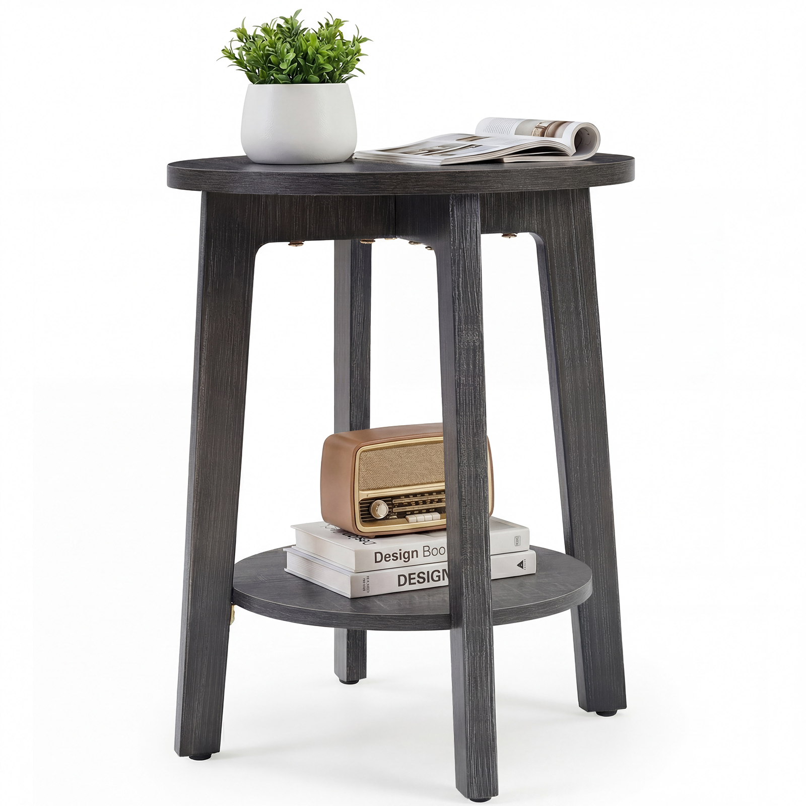 Round 2-Tier Wood Side Table, 15.8" End Table With Storage Shelf, view 6