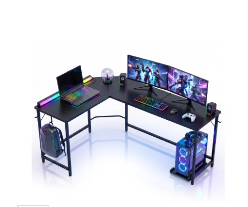 L-Shaped Corner Gaming Desk — 66" Black Top, Metal Frame, CPU Stand