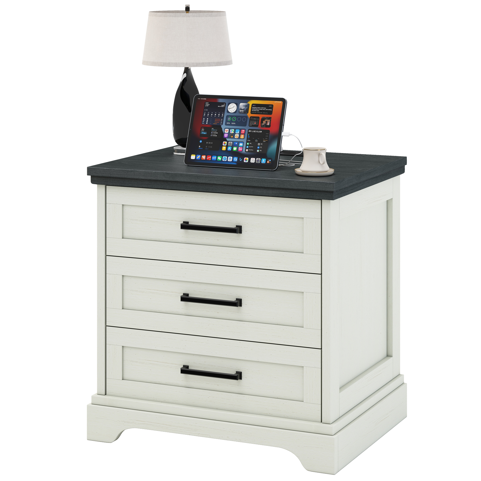 Farmhouse Nightstand With Charging Station — 3 Drawers, White & Grey