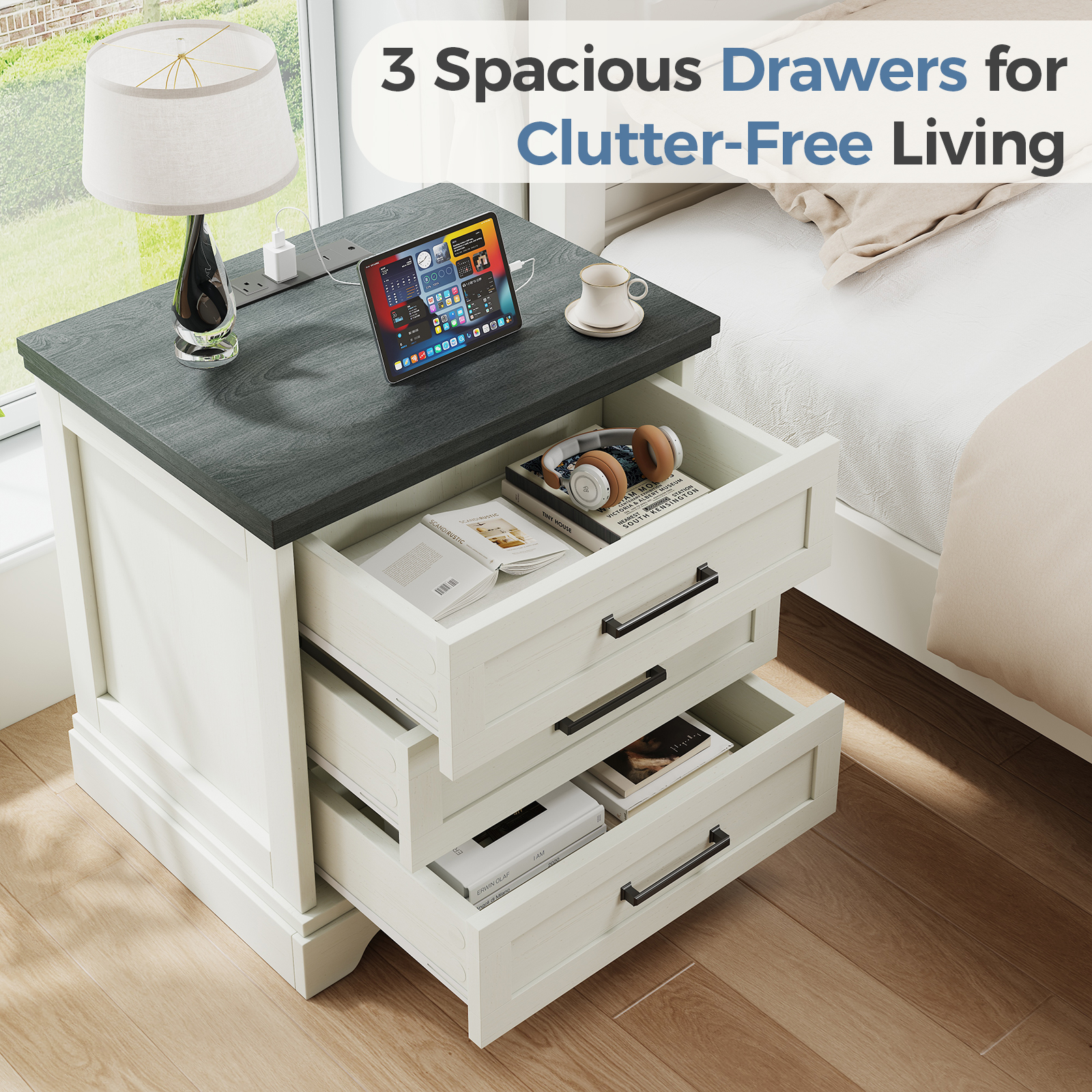 Farmhouse Nightstand With Charging Station — 3 Drawers, White & Grey, view 2