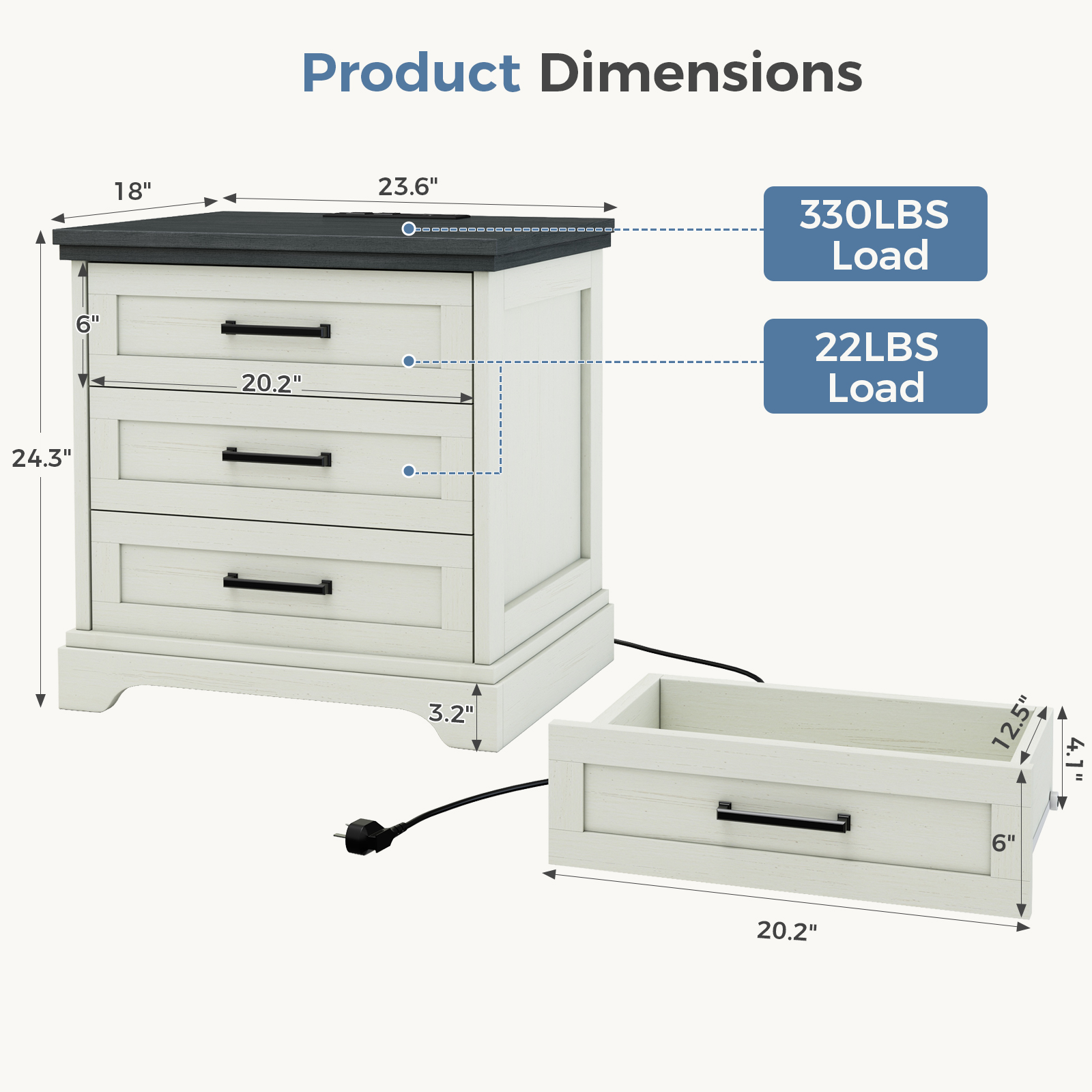 Farmhouse Nightstand With Charging Station — 3 Drawers, White & Grey, view 4