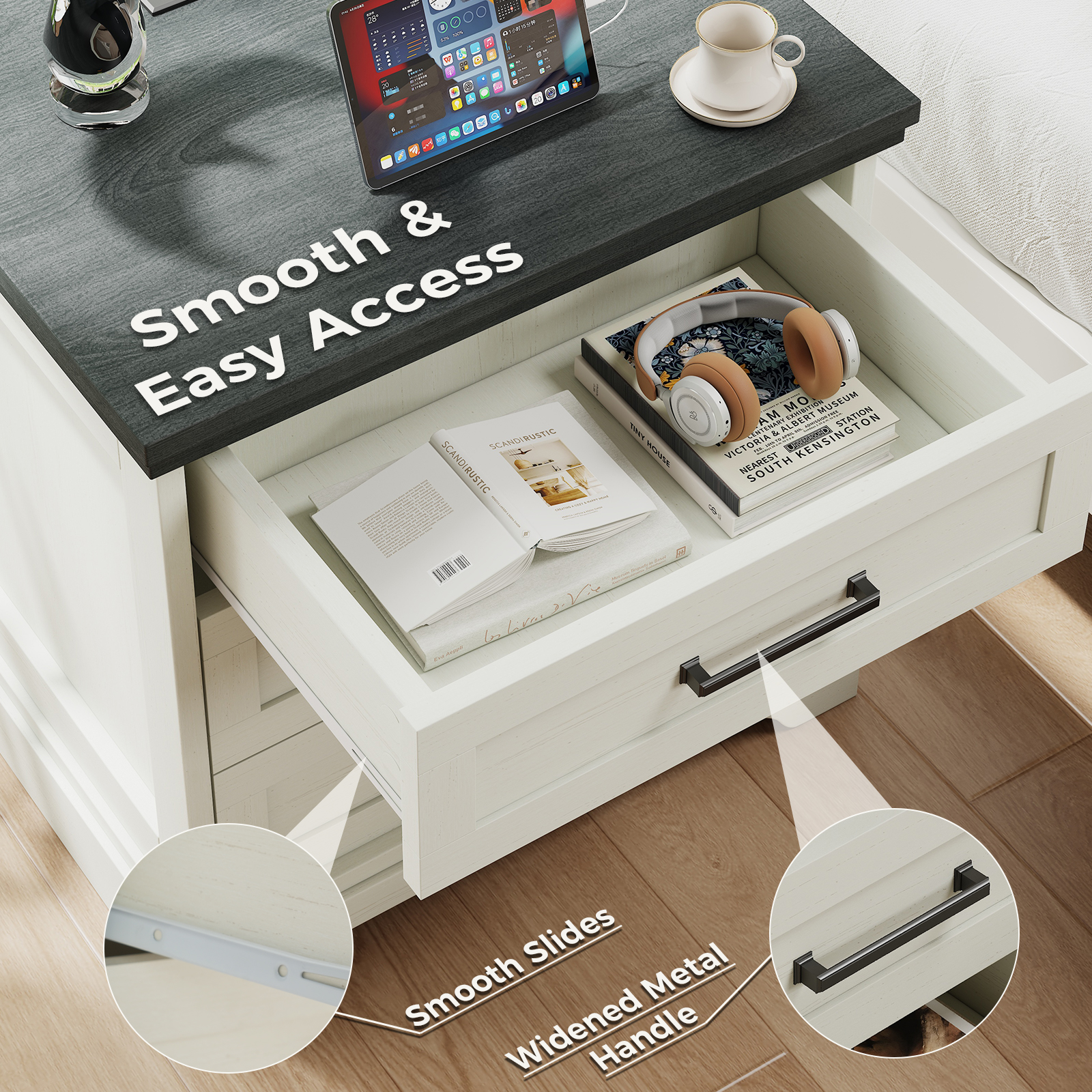 Farmhouse Nightstand With Charging Station — 3 Drawers, White & Grey, view 5