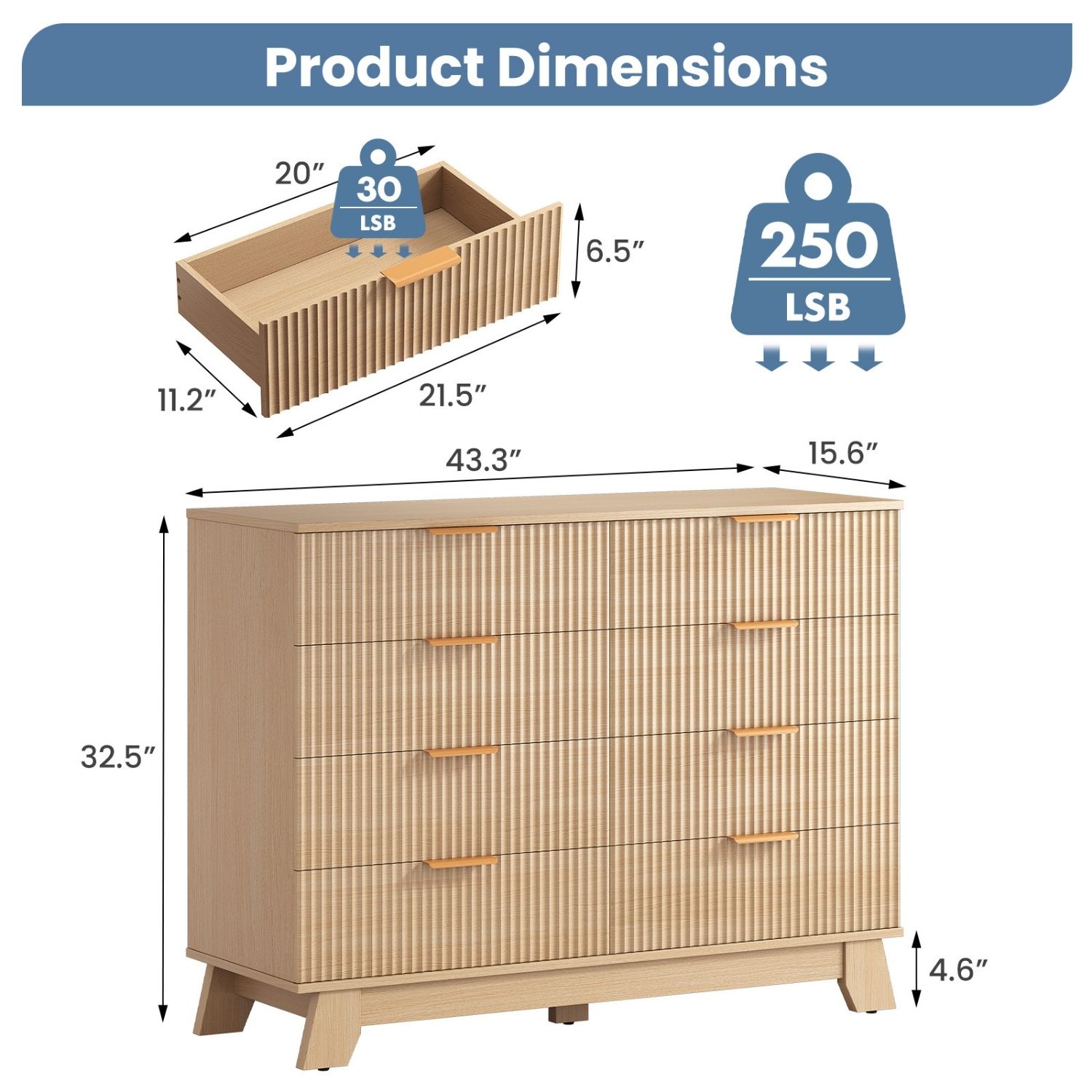 Fluted Oak Dresser — 6 or 8 Drawer Chest on Raised Splayed Legs
