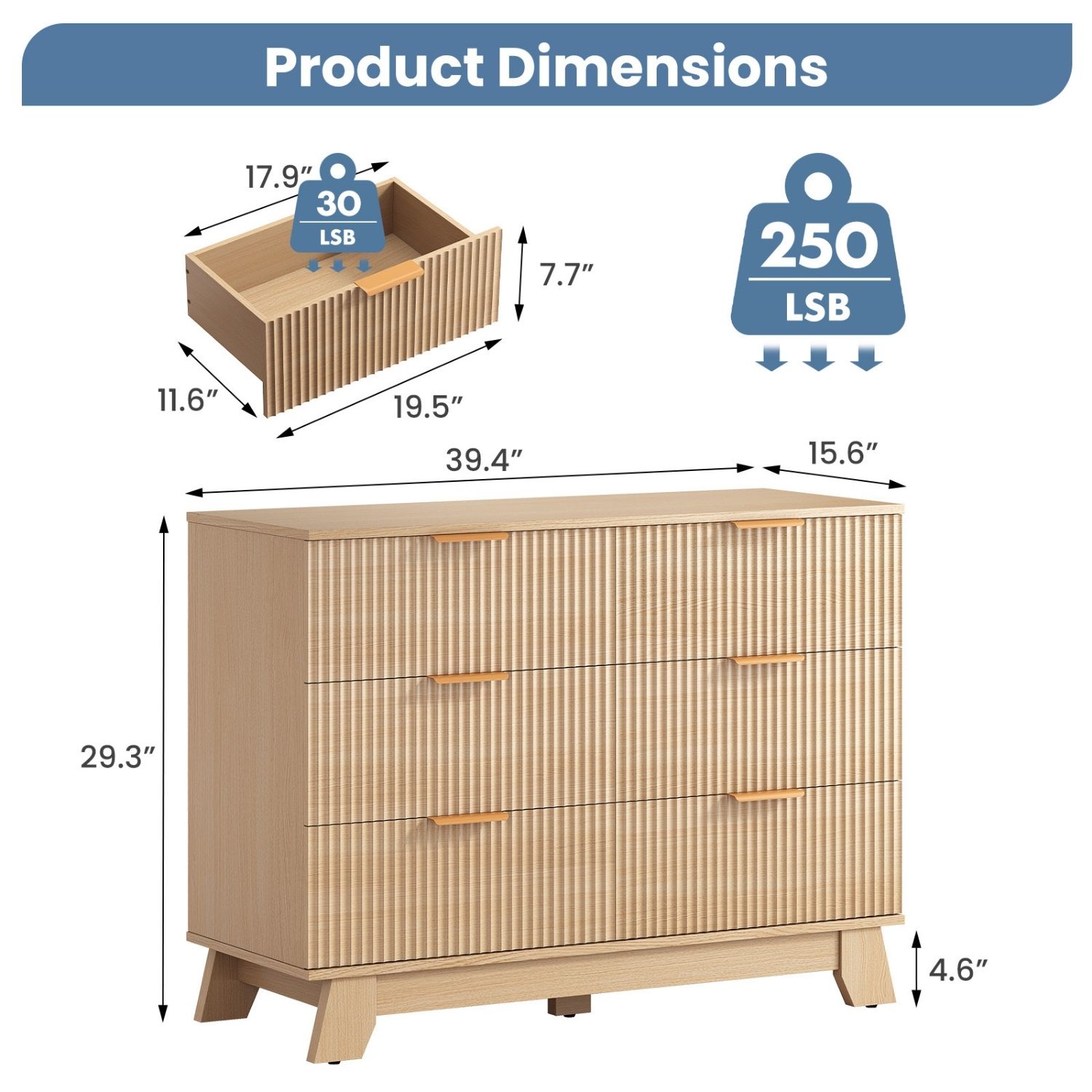 Fluted Oak Dresser — 6 or 8 Drawer Chest on Raised Splayed Legs, view 4
