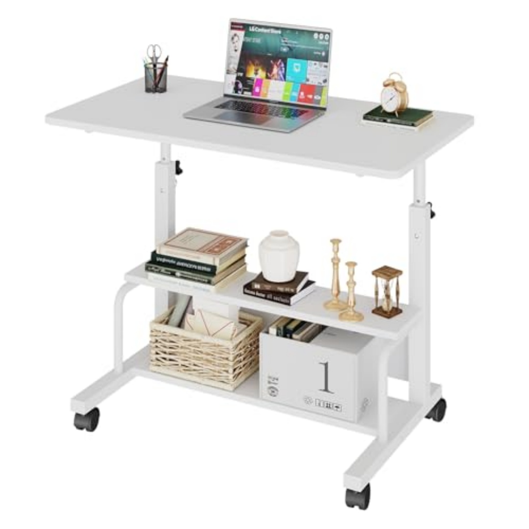 31.5" Rolling Standing Desk With Two Storage Shelves & Locking Wheels, view 2