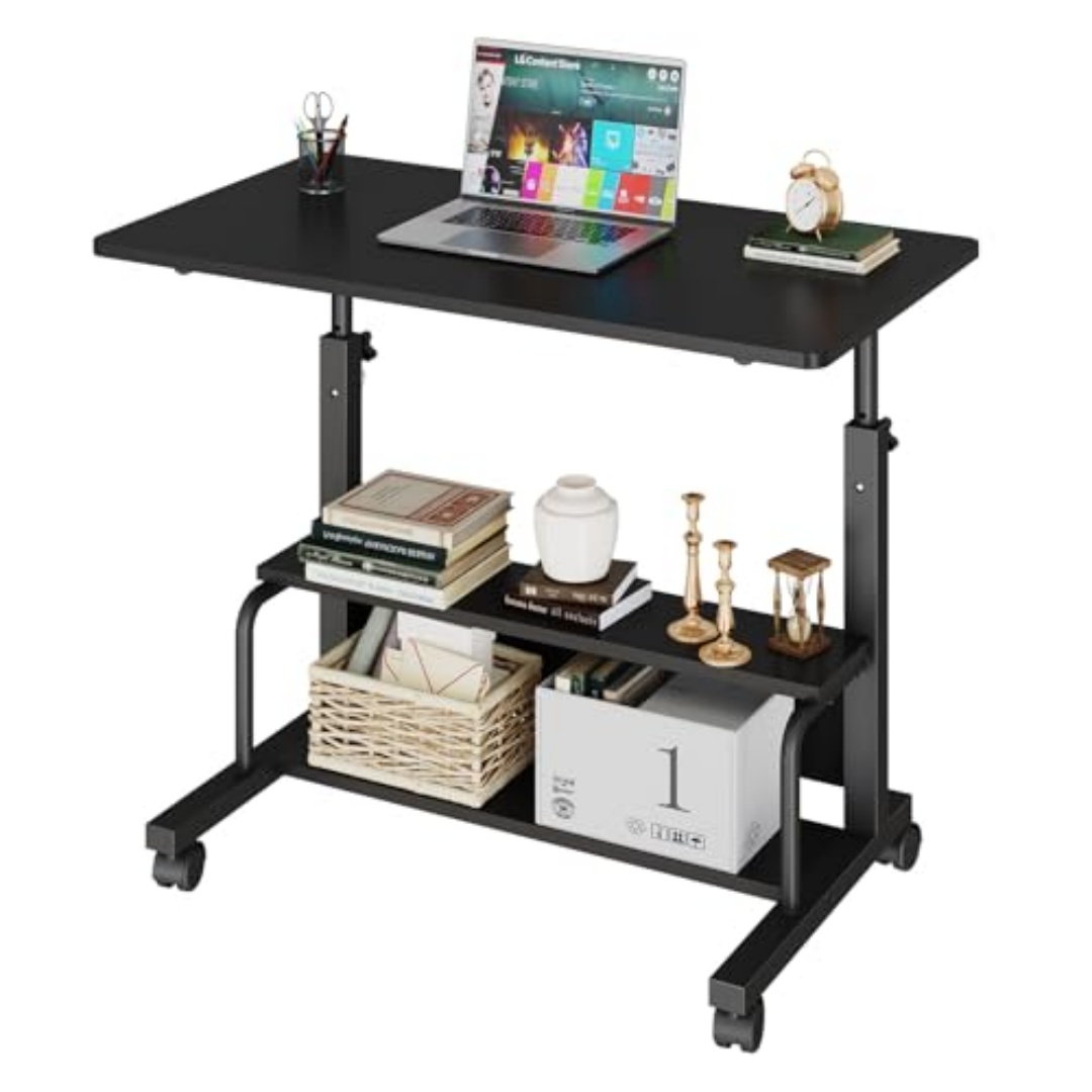 31.5" Rolling Standing Desk With Two Storage Shelves & Locking Wheels, view 3