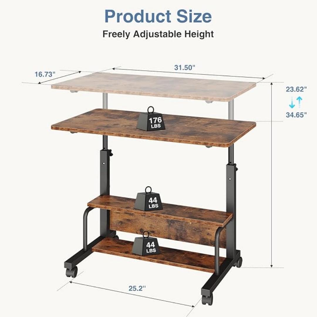 31.5" Rolling Standing Desk With Two Storage Shelves & Locking Wheels