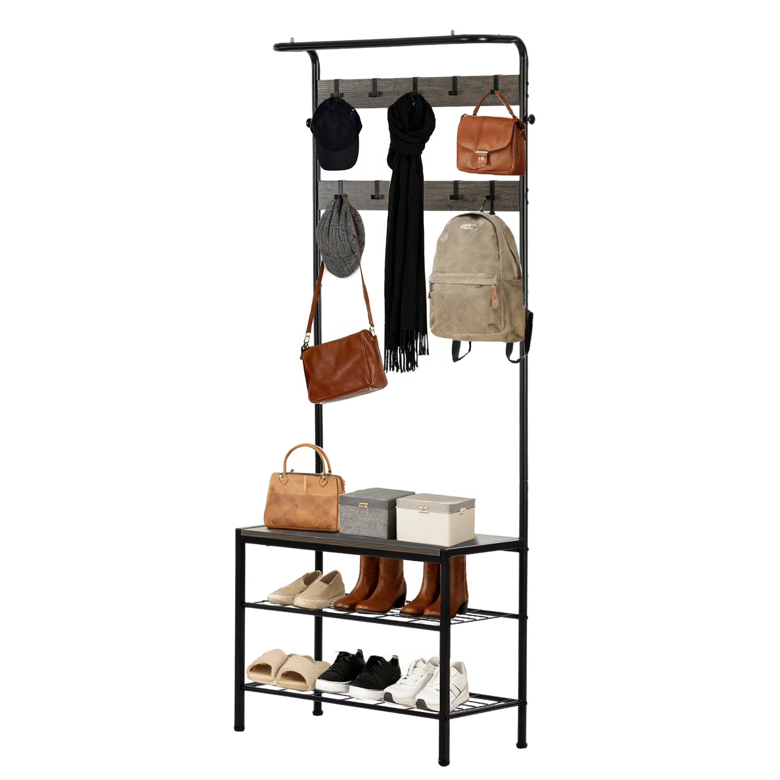 Grey Multi‑Function Coat Rack, Shoe Shelf & Seating – 10 Hook Entryway Organizer, view 2
