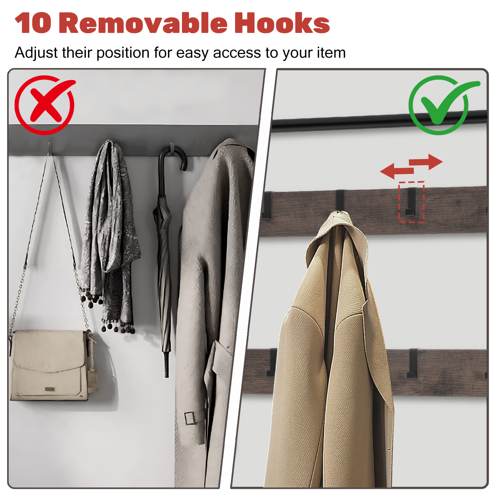 Grey Multi‑Function Coat Rack, Shoe Shelf & Seating – 10 Hook Entryway Organizer, view 3