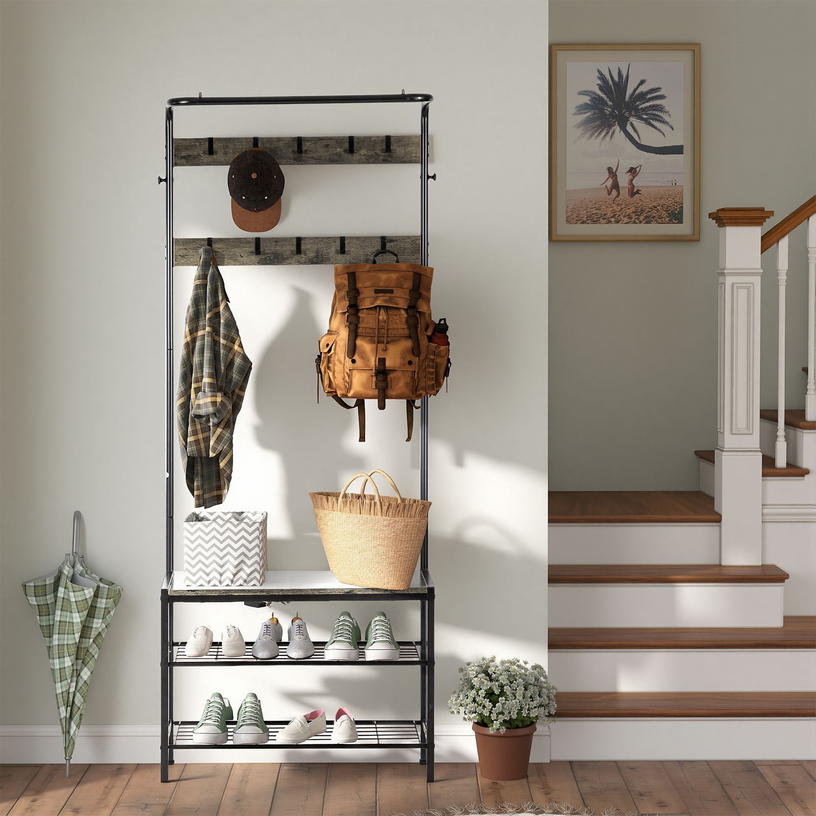 Grey Multi‑Function Coat Rack, Shoe Shelf & Seating – 10 Hook Entryway Organizer, view 4