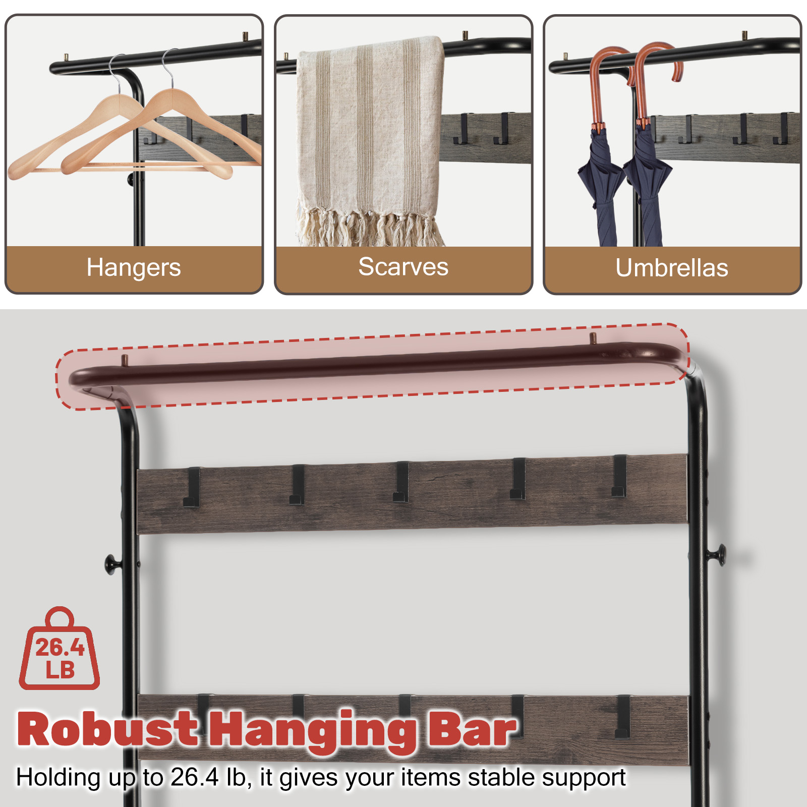 Grey Multi‑Function Coat Rack, Shoe Shelf & Seating – 10 Hook Entryway Organizer, view 5