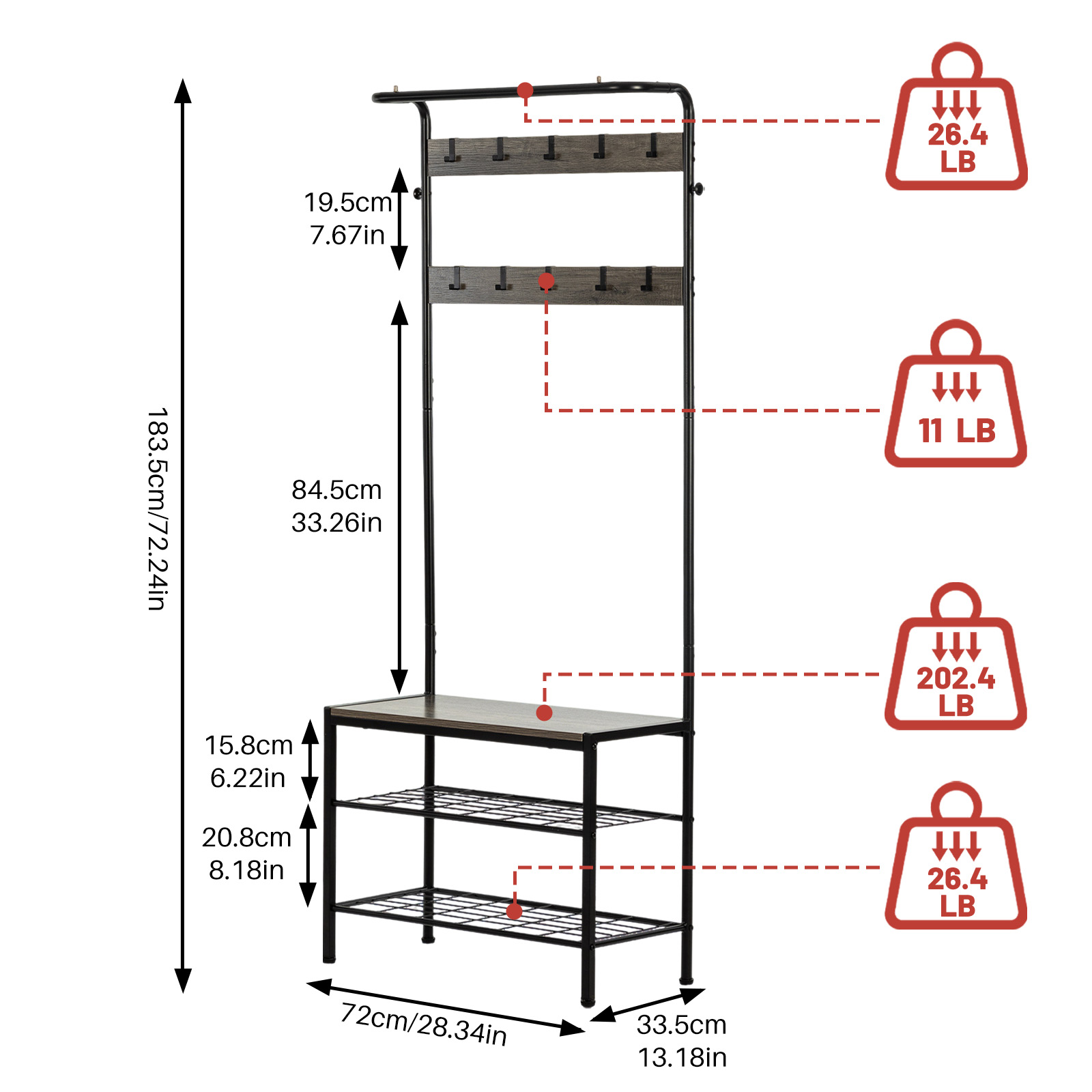 Grey Multi‑Function Coat Rack, Shoe Shelf & Seating – 10 Hook Entryway Organizer, view 6