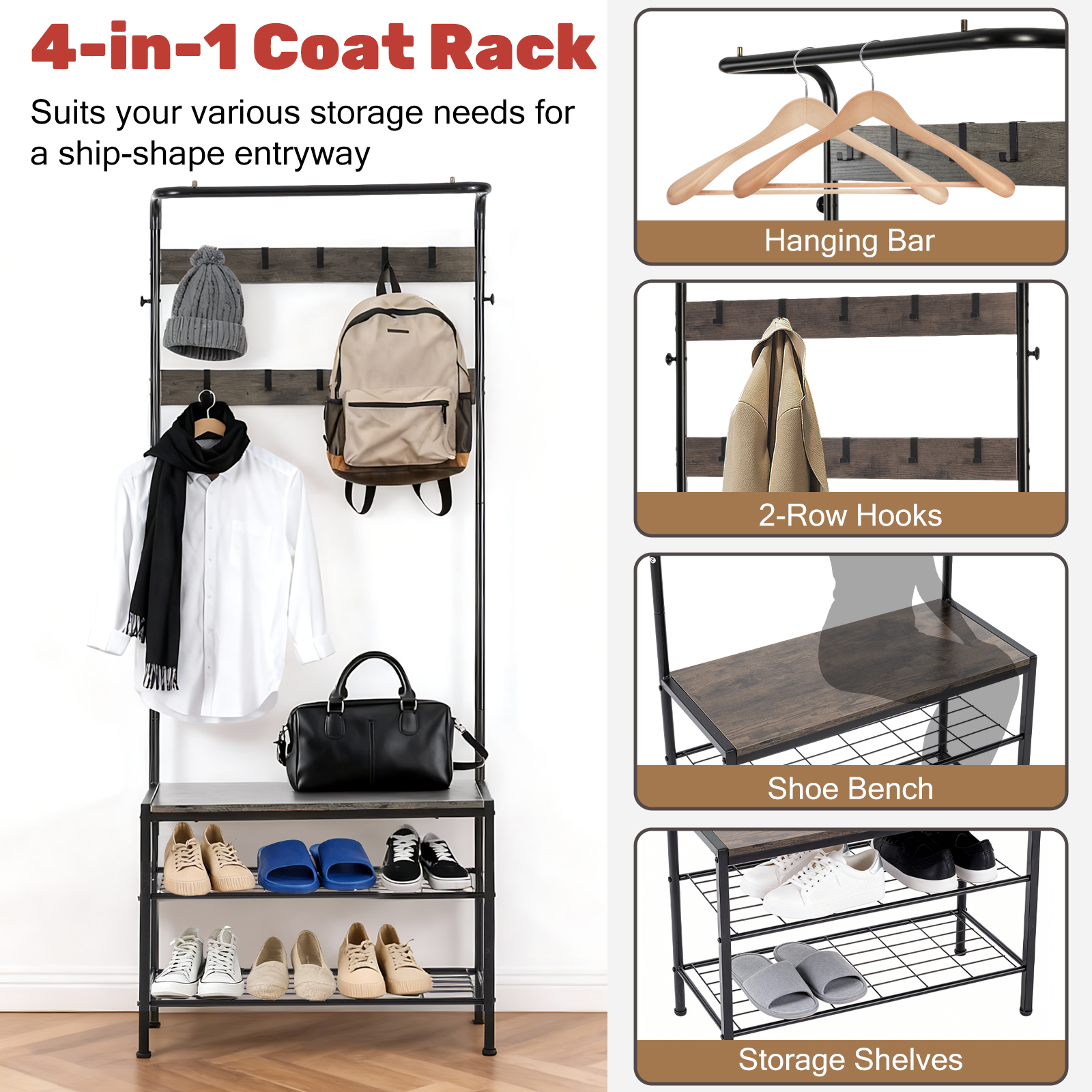 Grey Multi‑Function Coat Rack, Shoe Shelf & Seating – 10 Hook Entryway Organizer