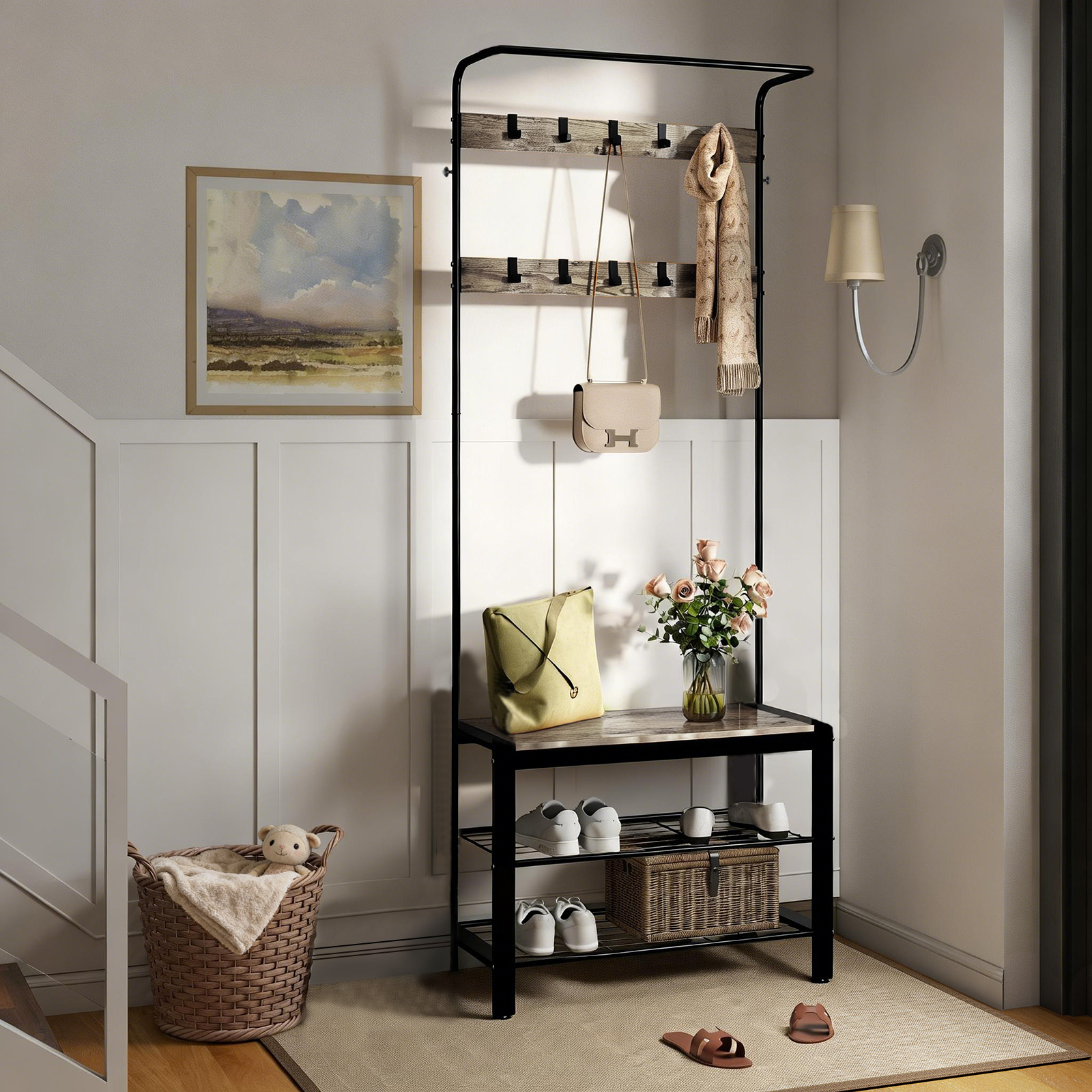 Grey Multi‑Function Coat Rack, Shoe Shelf & Seating – 10 Hook Entryway Organizer, view 7