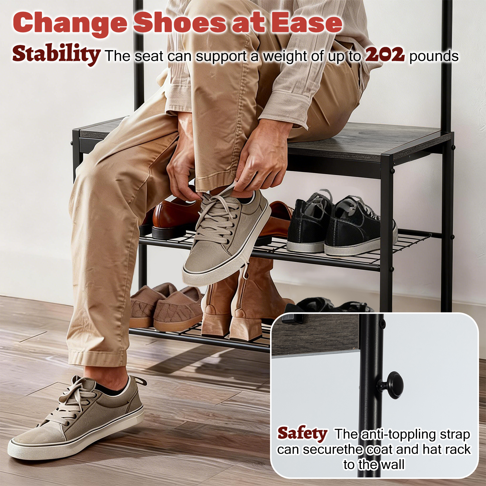 Grey Multi‑Function Coat Rack, Shoe Shelf & Seating – 10 Hook Entryway Organizer, view 8