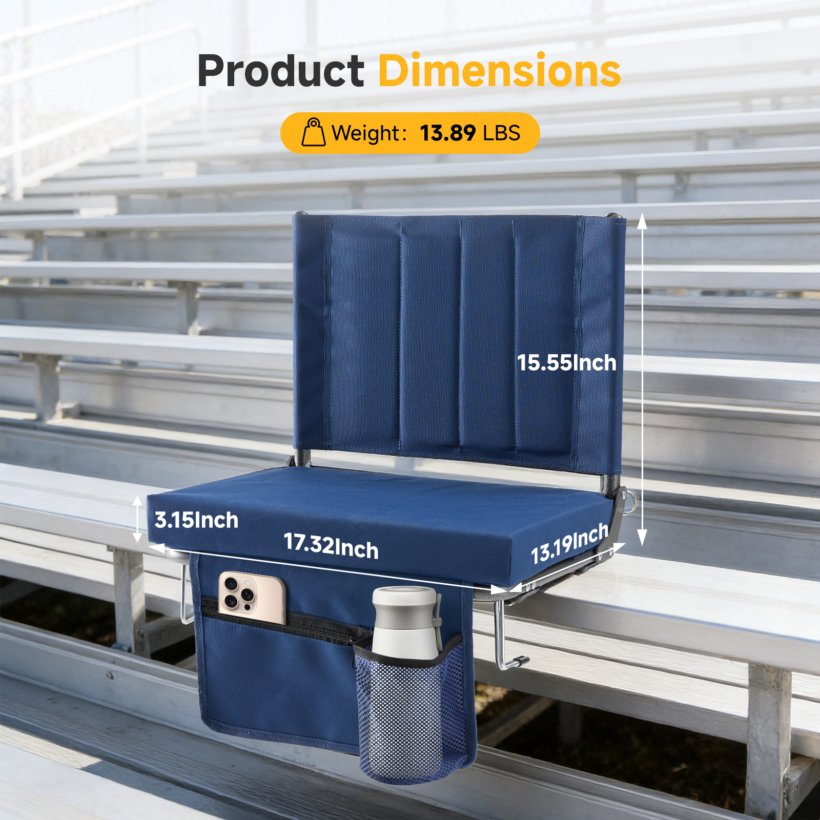 Hook-On Bleacher Stadium Seat with High Backrest, Cup Holder & Pockets, view 2