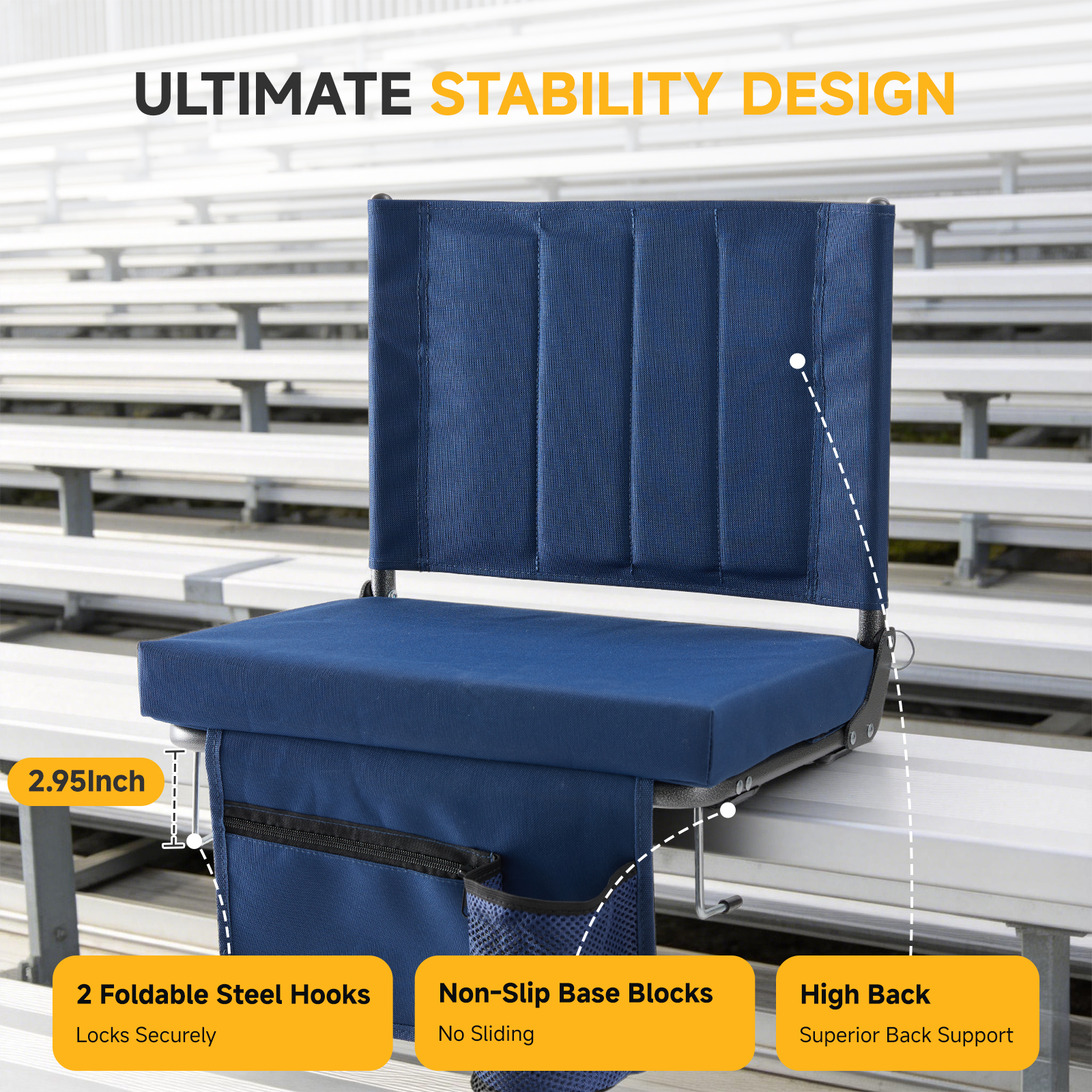 Hook-On Bleacher Stadium Seat with High Backrest, Cup Holder & Pockets, view 4
