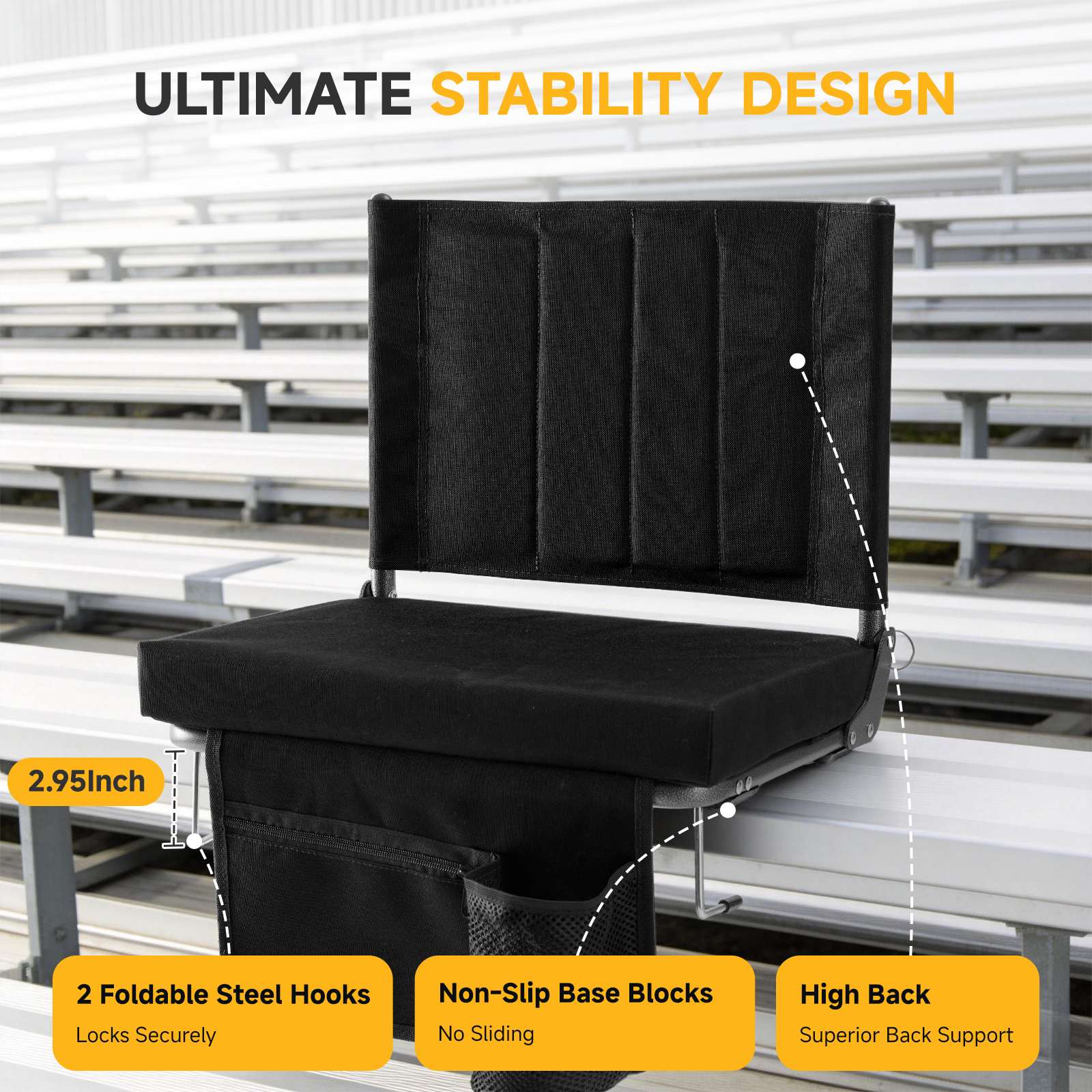 Hook-On Bleacher Stadium Seat with High Backrest, Cup Holder & Pockets, view 7