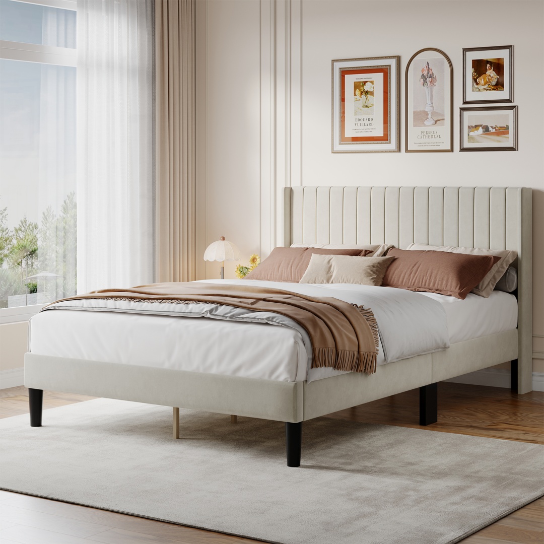 Upholstered Platform Bed Frame With Wingback Channel-Tufted Headboard, view 2