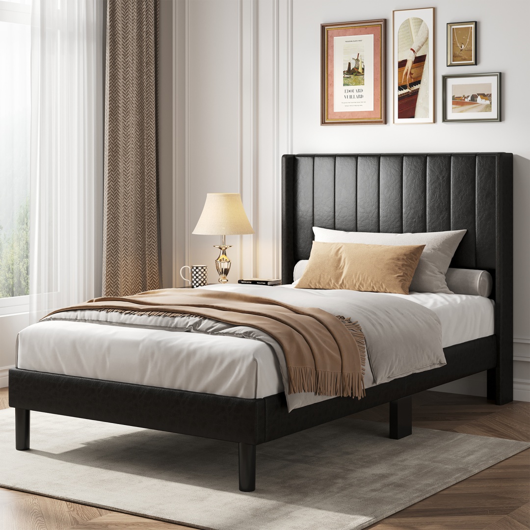 Upholstered Platform Bed Frame With Wingback Channel-Tufted Headboard, view 3