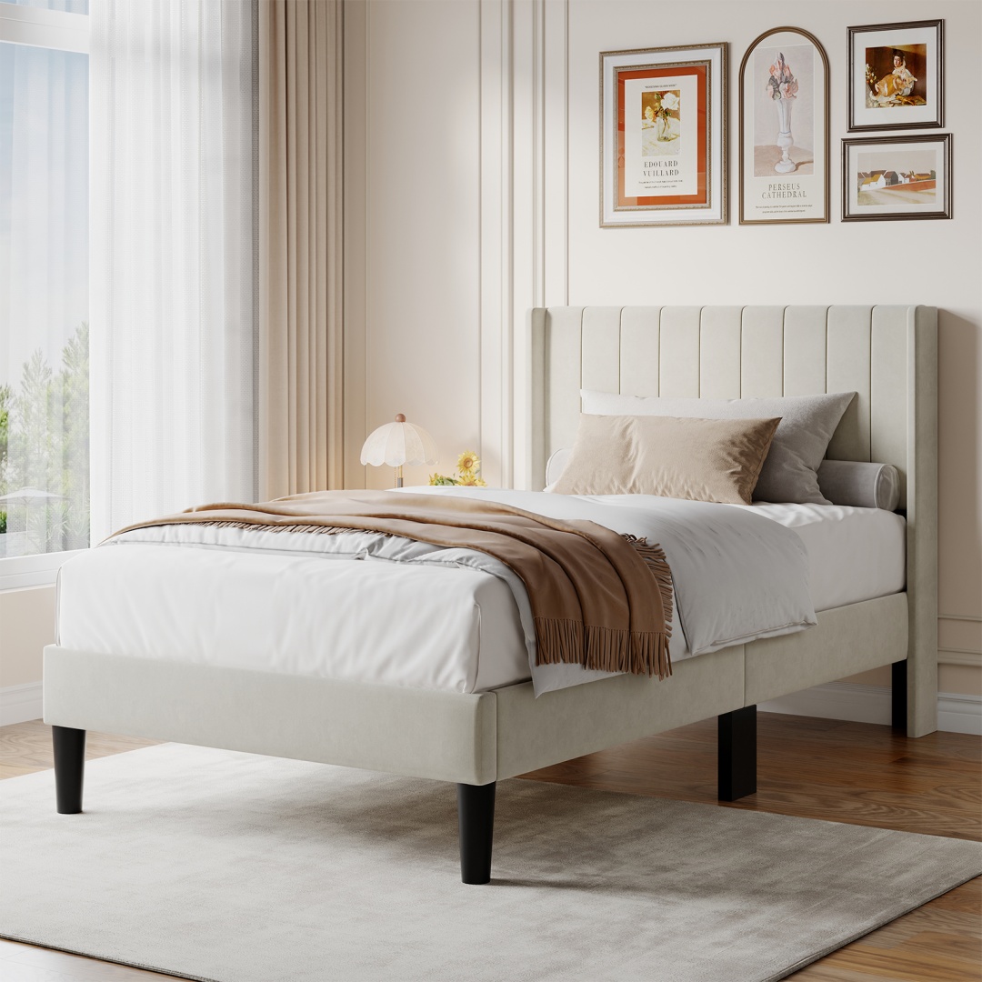 Upholstered Platform Bed Frame With Wingback Channel-Tufted Headboard, view 5