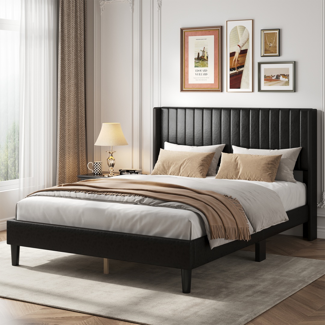 Upholstered Platform Bed Frame With Wingback Channel-Tufted Headboard, view 7