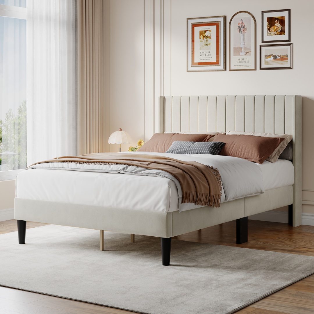 Upholstered Platform Bed Frame With Wingback Channel-Tufted Headboard
