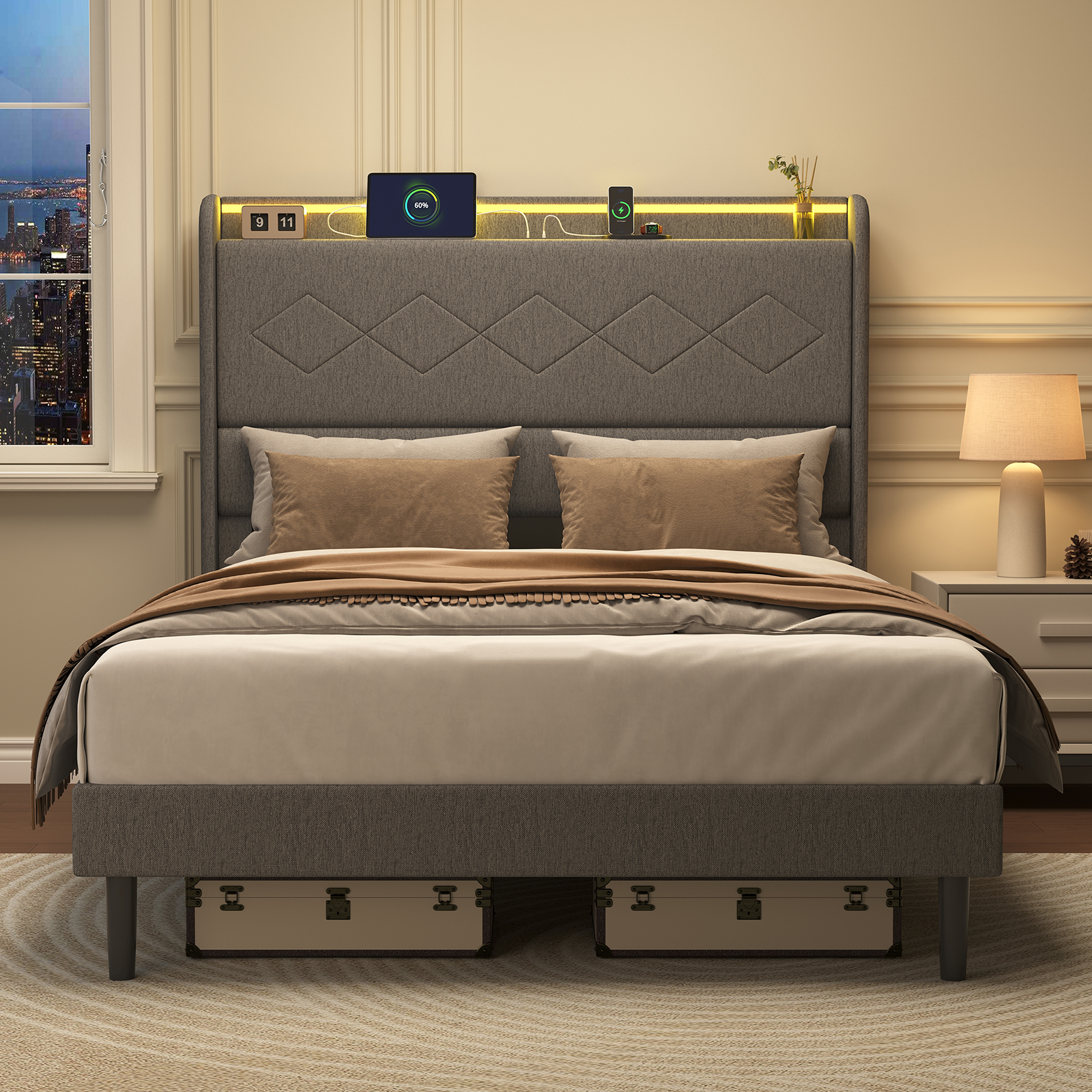 Upholstered Platform Bed Frame With LED Headboard Shelf & USB Ports