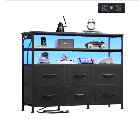 39" LED TV Stand With 6 Fabric Drawers, Outlets & USB-C Charging