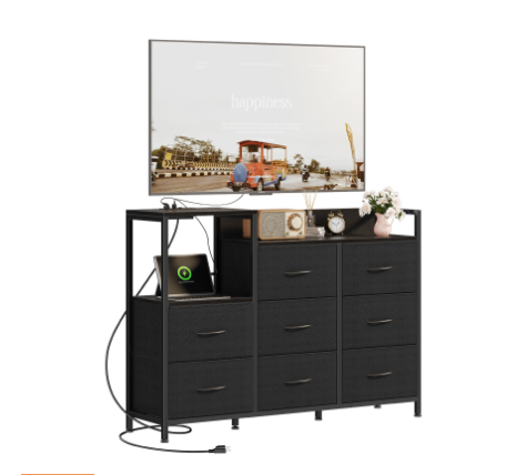 Black 8-Drawer TV Stand Dresser With Charging Station, Fits 45" TVs